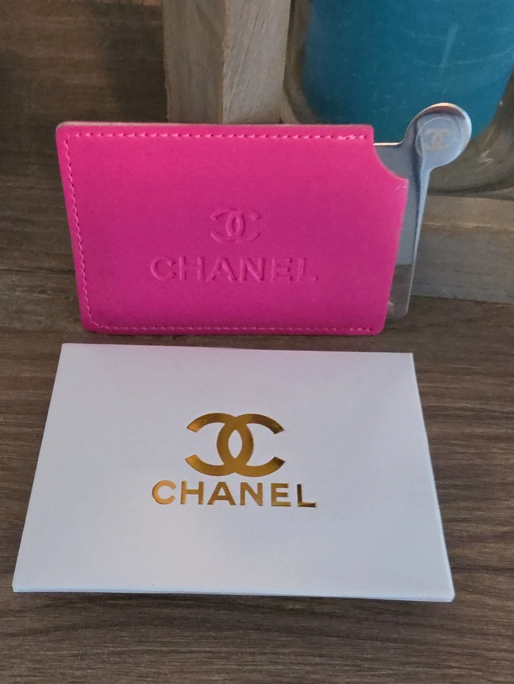 CHANEL Hot Pink Embossed Leather Card Holder With Mirror Insert